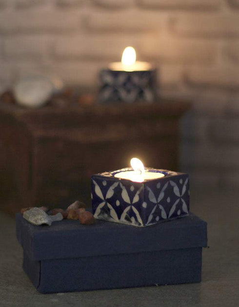Blue Pottery Candle Holder Set - Blue Base